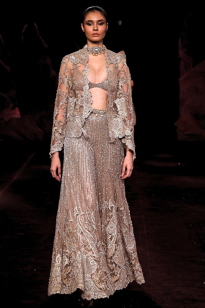 Ivory Gold Tulle Zari Embellished Bridal Sharara Set by Dolly J at Pernia's Pop Up Shop