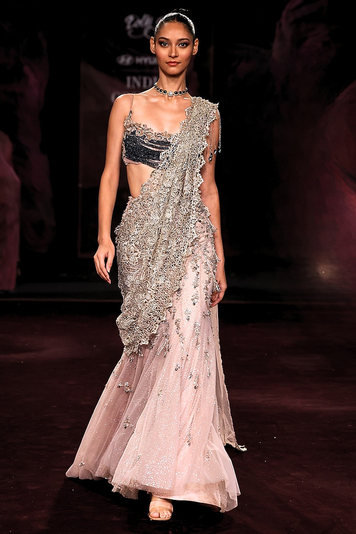 Moonstone Shimmer Tulle Crystal Embellished Draped Bridal Saree Set by Dolly J at Pernia's Pop Up Shop