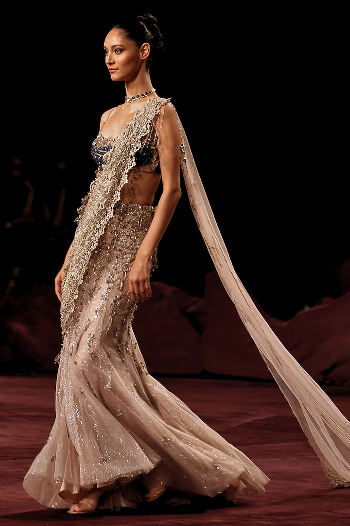 Moonstone Shimmer Tulle Crystal Embellished Draped Bridal Saree Set by Dolly J at Pernia's Pop Up Shop