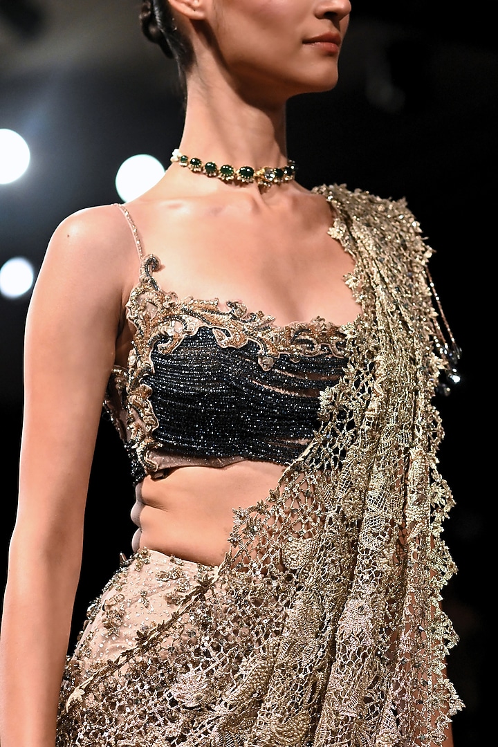 Moonstone Shimmer Tulle Crystal Embellished Draped Bridal Saree Set by Dolly J at Pernia's Pop Up Shop