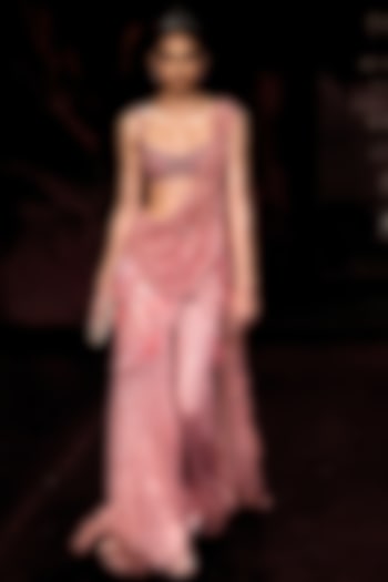 Rose Pink Shimmer Tulle Floral Motif Embellished Draped Bridal Saree Set by Dolly J at Pernia's Pop Up Shop