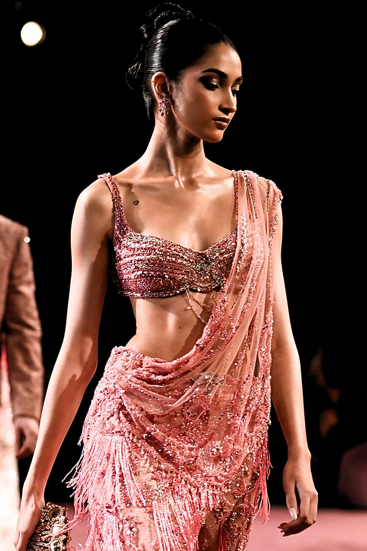Rose Pink Shimmer Tulle Floral Motif Embellished Draped Bridal Saree Set by Dolly J at Pernia's Pop Up Shop