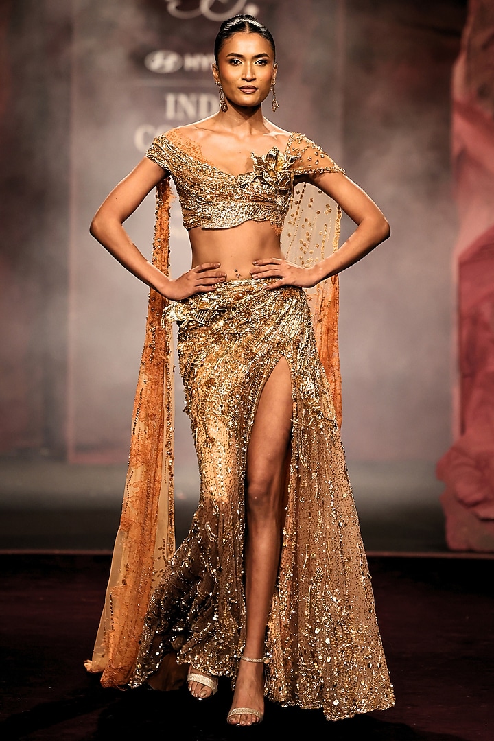 Gold Shimmer Tulle Crystal Embellished Draped Bridal Lehenga Saree Set by Dolly J at Pernia's Pop Up Shop
