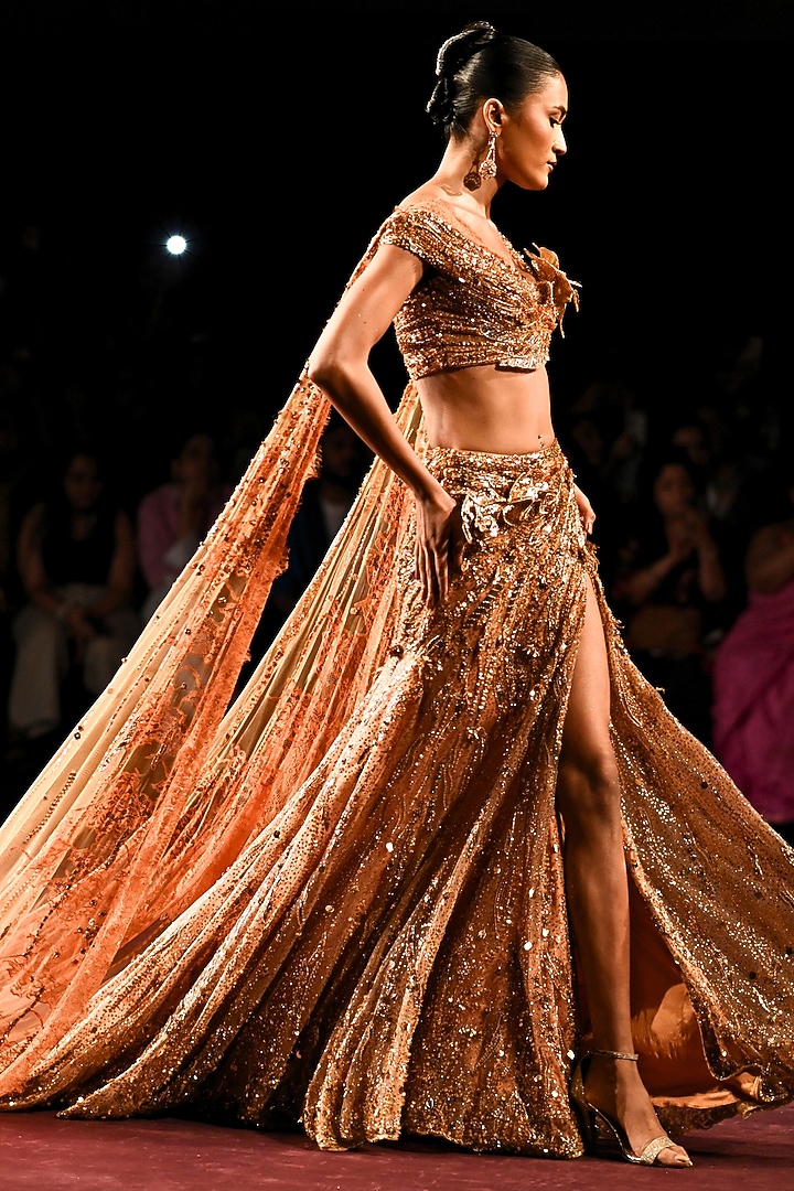 Gold Shimmer Tulle Crystal Embellished Draped Bridal Lehenga Saree Set by Dolly J at Pernia's Pop Up Shop