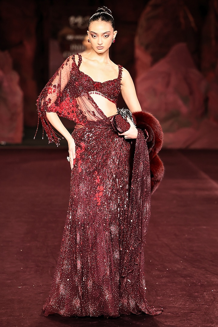 Mahogany-Colored Shimmer Tulle Crystal Embellished Draped Skirt Bridal Saree Set by Dolly J at Pernia's Pop Up Shop