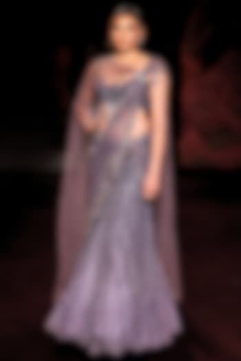 Amethyst Shimmer Tulle Applique Embellished Kalidar Skirt Bridal Saree Set by Dolly J at Pernia's Pop Up Shop