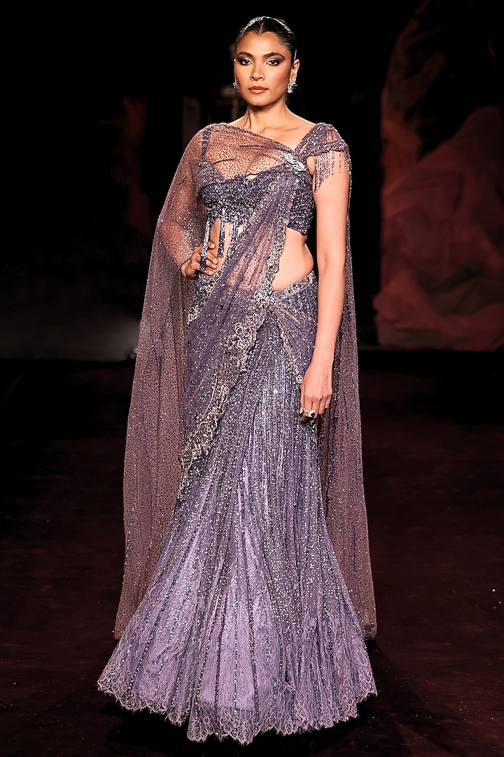 Amethyst Shimmer Tulle Applique Embellished Kalidar Skirt Bridal Saree Set by Dolly J at Pernia's Pop Up Shop