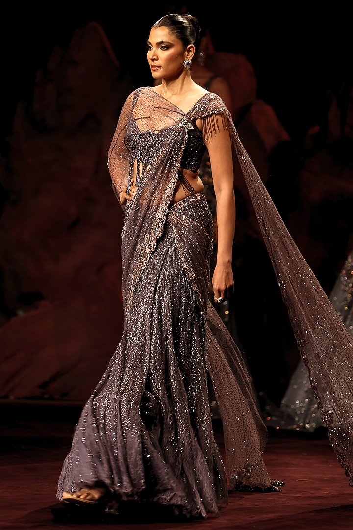 Amethyst Shimmer Tulle Applique Embellished Kalidar Skirt Bridal Saree Set by Dolly J at Pernia's Pop Up Shop