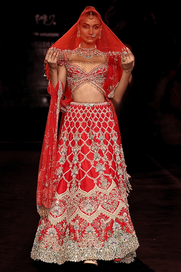 Scarlet Red Handloom Raw Silk Zardosi Embroidered Bridal Bridal Lehenga Set by Dolly J at Pernia's Pop Up Shop