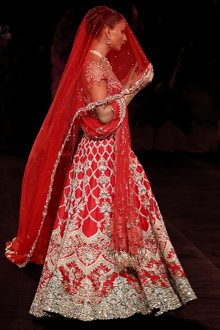 Scarlet Red Handloom Raw Silk Zardosi Embroidered Bridal Bridal Lehenga Set by Dolly J at Pernia's Pop Up Shop