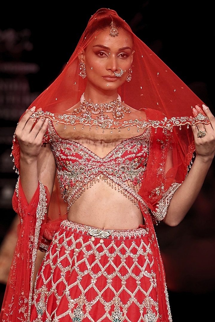 Scarlet Red Handloom Raw Silk Zardosi Embroidered Bridal Bridal Lehenga Set by Dolly J at Pernia's Pop Up Shop