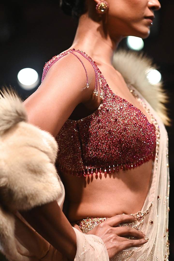 Ivory Gold Tulle Crystal Embellished Draped Bridal Saree Set by Dolly J at Pernia's Pop Up Shop