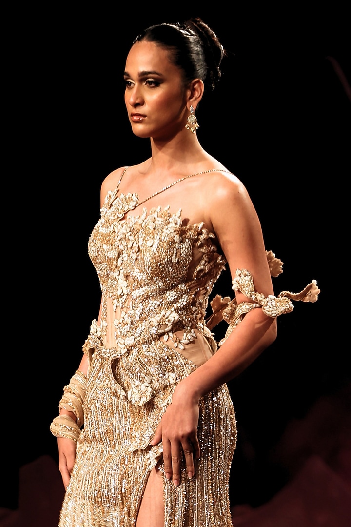 Ivory Gold Tulle Floral Embellished Bridal Gown With Drape by Dolly J at Pernia's Pop Up Shop