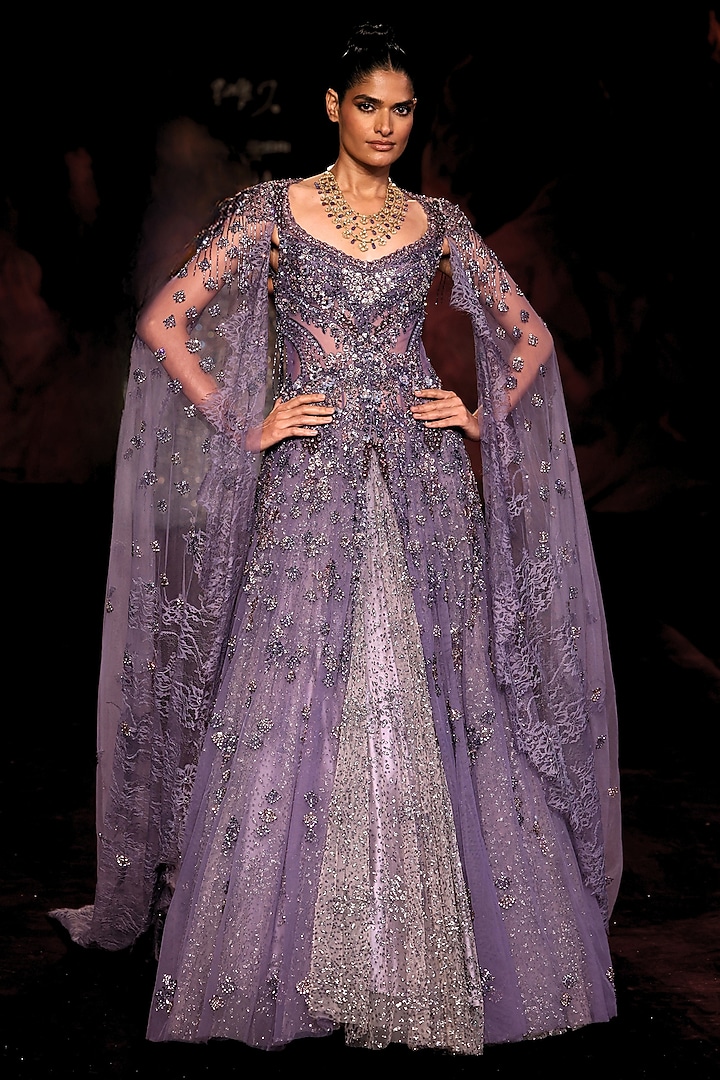 Amethyst Purple Shimmer Tulle Crystal Embellished Bridal Lehenga Set by Dolly J at Pernia's Pop Up Shop