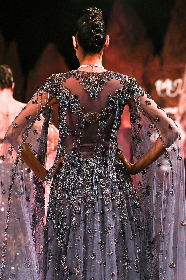 Amethyst Purple Shimmer Tulle Crystal Embellished Bridal Lehenga Set by Dolly J at Pernia's Pop Up Shop
