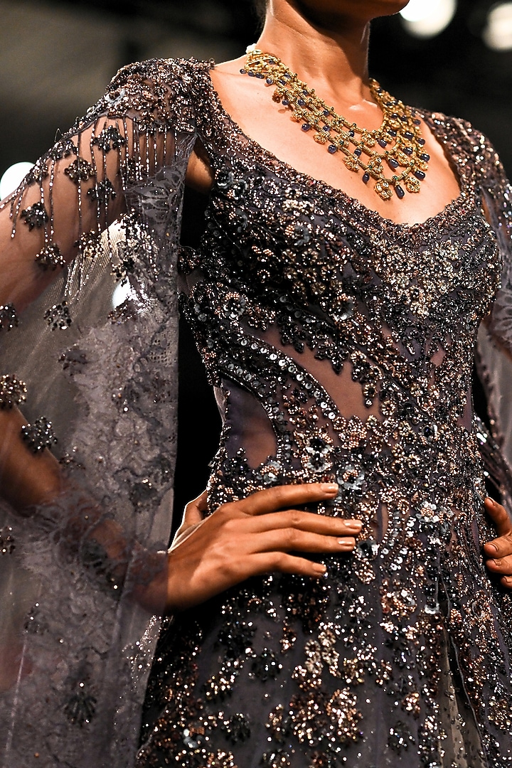 Amethyst Purple Shimmer Tulle Crystal Embellished Bridal Lehenga Set by Dolly J at Pernia's Pop Up Shop