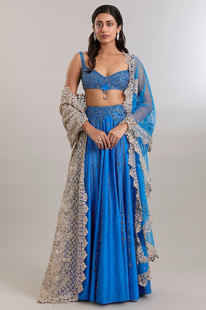 Royal Blue Handloom Silk Crystal Embellished Draped Bridal Saree Set by Dolly J at Pernia's Pop Up Shop