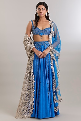 Royal Blue Handloom Silk Crystal Embellished Draped Lehenga Set by dolly j