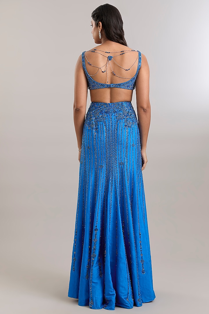 Royal Blue Handloom Silk Crystal Embellished Draped Bridal Saree Set by Dolly J at Pernia's Pop Up Shop