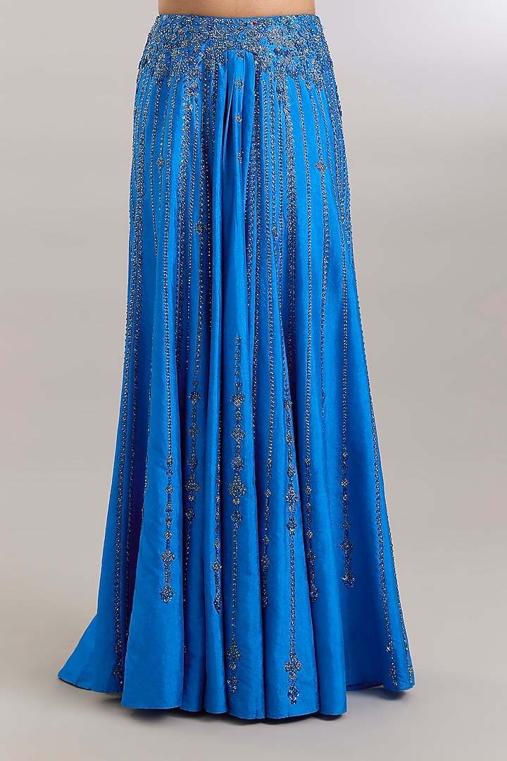 Royal Blue Handloom Silk Crystal Embellished Draped Bridal Saree Set by Dolly J at Pernia's Pop Up Shop