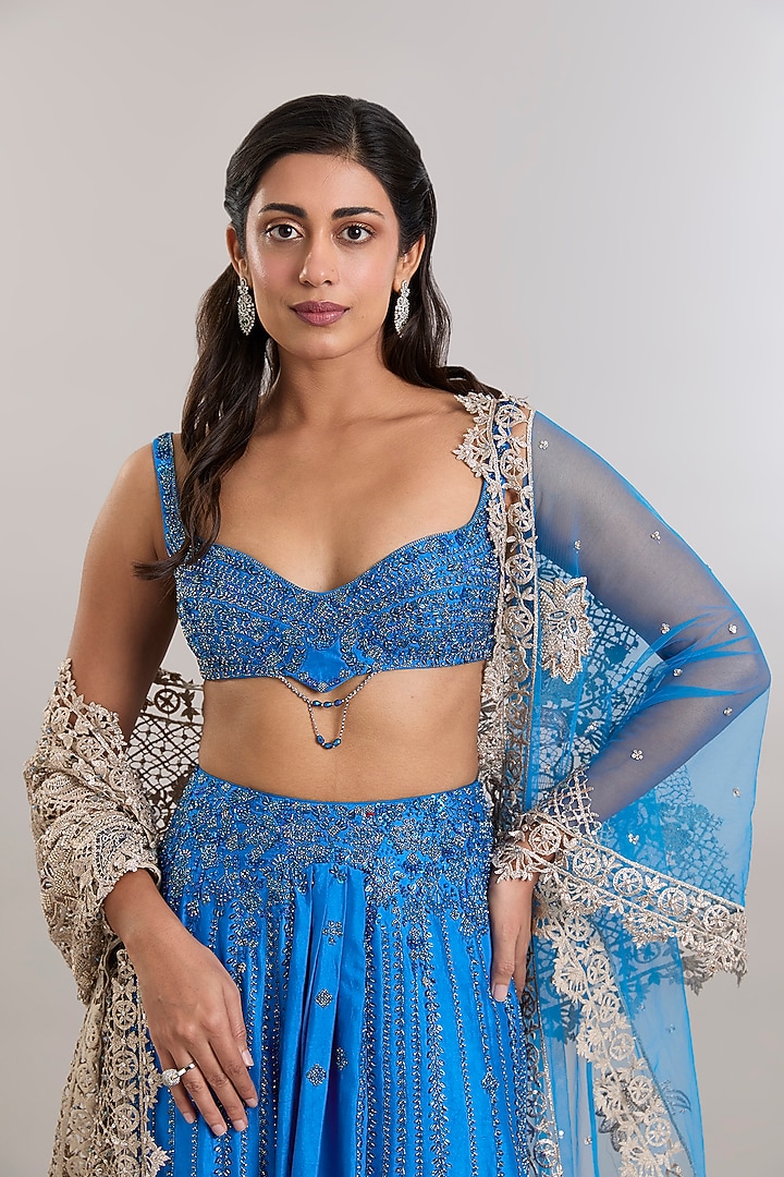 Royal Blue Handloom Silk Crystal Embellished Draped Bridal Saree Set by Dolly J at Pernia's Pop Up Shop