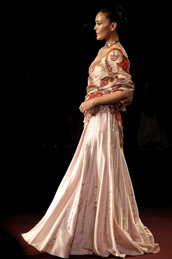 Pearl Ivory Handloom Silk Hand Embellished Draped Skirt Bridal Saree Set by Dolly J at Pernia's Pop Up Shop