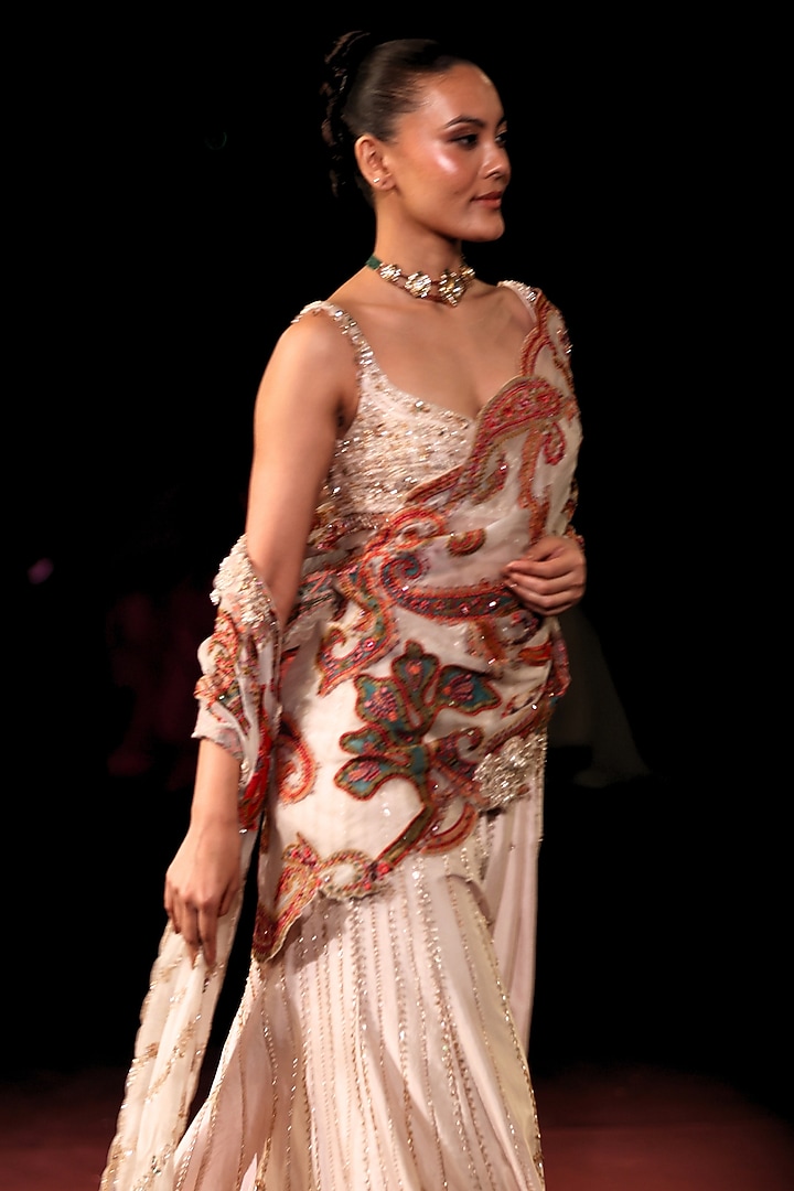 Pearl Ivory Handloom Silk Hand Embellished Draped Skirt Bridal Saree Set by Dolly J at Pernia's Pop Up Shop