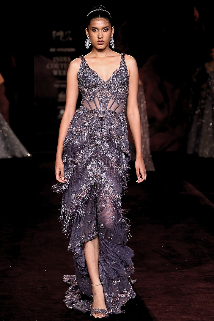 Amethyst Tulle Hand Embellished Tiered Bridal Gown by Dolly J at Pernia's Pop Up Shop