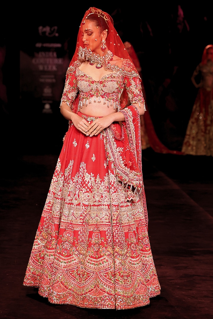 Scarlet Red Handloom Raw Silk Floral Embroidered Bridal Bridal Lehenga Set by Dolly J at Pernia's Pop Up Shop