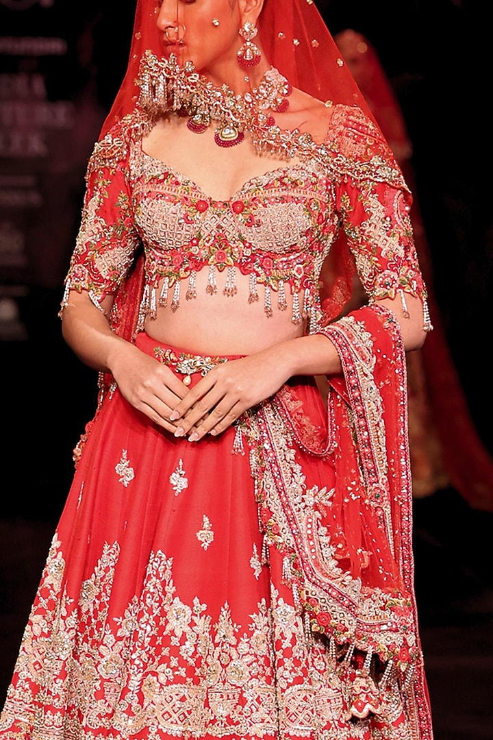Scarlet Red Handloom Raw Silk Floral Embroidered Bridal Bridal Lehenga Set by Dolly J at Pernia's Pop Up Shop