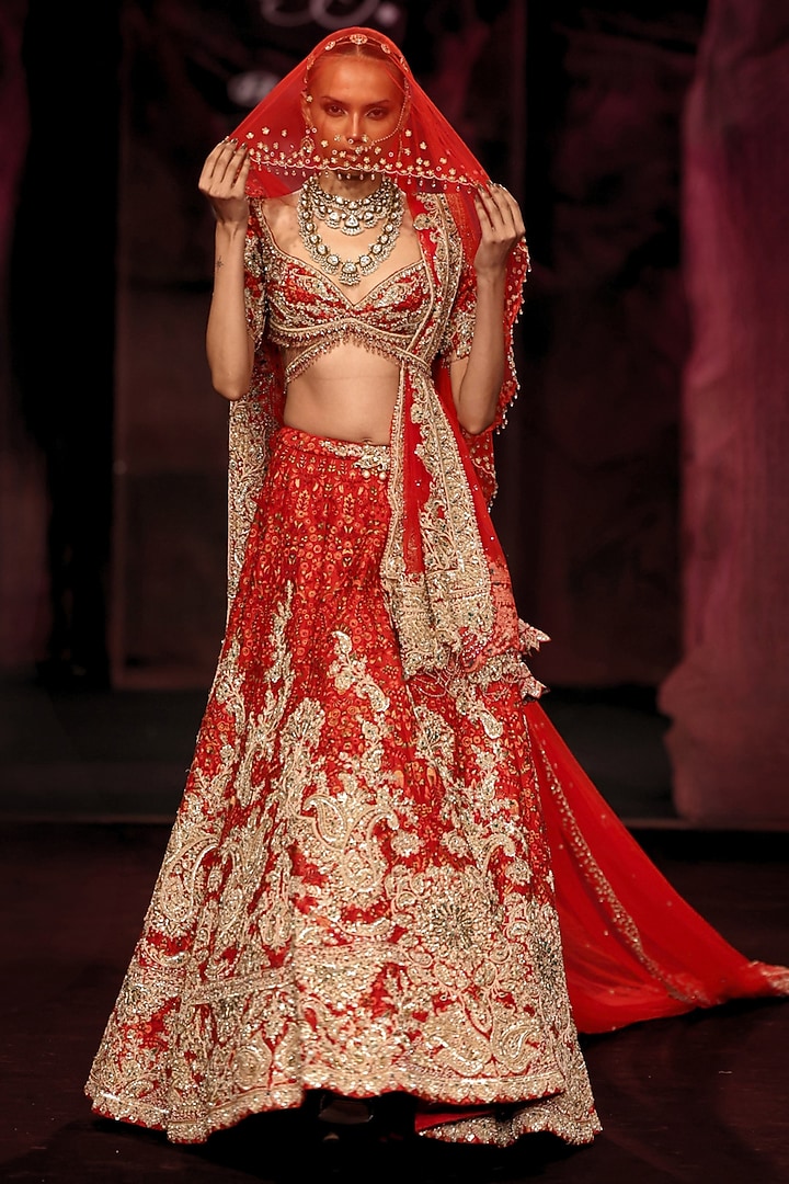 Ruby Red Handloom Raw Silk Floral Embroidered Bridal Bridal Lehenga Set by Dolly J at Pernia's Pop Up Shop