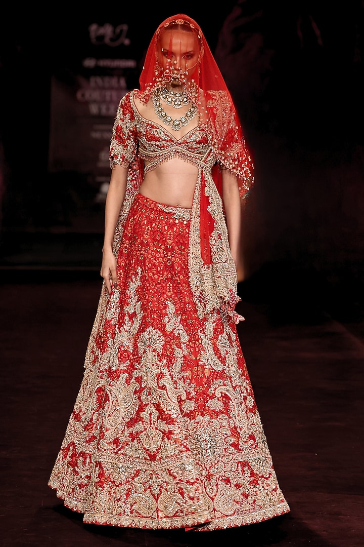 Ruby Red Handloom Raw Silk Floral Embroidered Bridal Bridal Lehenga Set by Dolly J at Pernia's Pop Up Shop