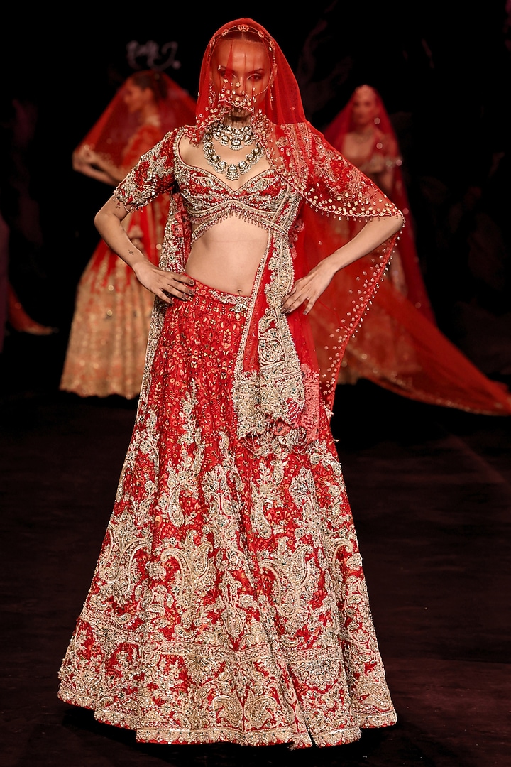 Ruby Red Handloom Raw Silk Floral Embroidered Bridal Bridal Lehenga Set by Dolly J at Pernia's Pop Up Shop