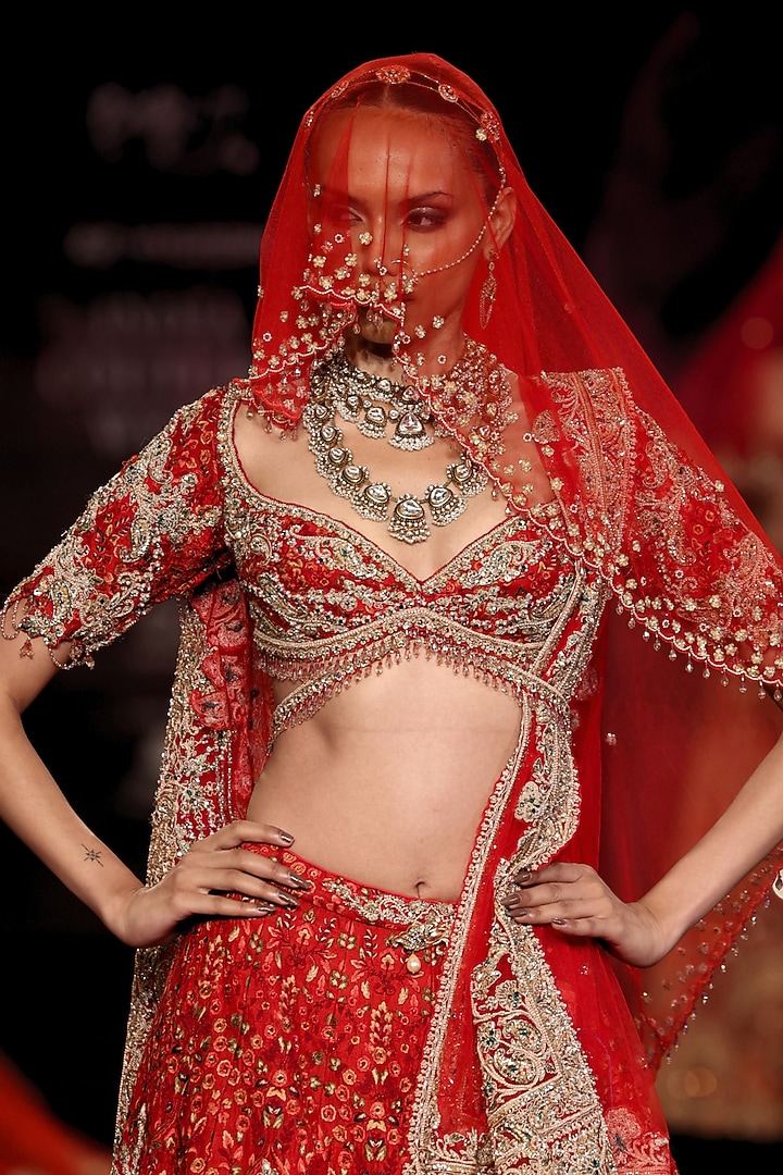 Ruby Red Handloom Raw Silk Floral Embroidered Bridal Bridal Lehenga Set by Dolly J at Pernia's Pop Up Shop