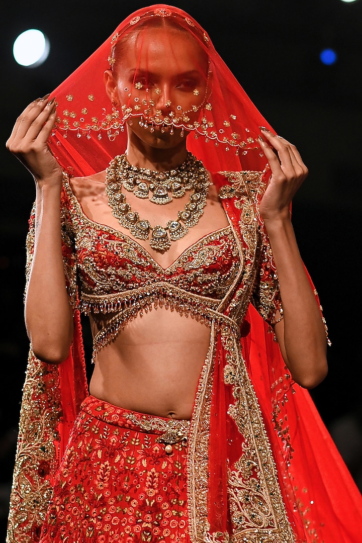 Ruby Red Handloom Raw Silk Floral Embroidered Bridal Bridal Lehenga Set by Dolly J at Pernia's Pop Up Shop