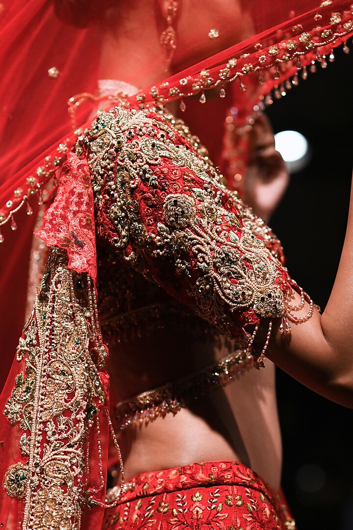 Ruby Red Handloom Raw Silk Floral Embroidered Bridal Bridal Lehenga Set by Dolly J at Pernia's Pop Up Shop