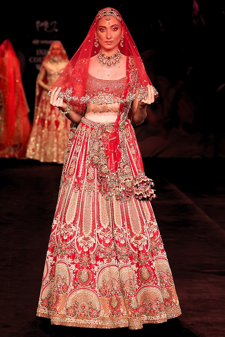 Crimson Red Handloom Raw Silk Floral Hand Embroidered Bridal Bridal Lehenga Set by Dolly J at Pernia's Pop Up Shop