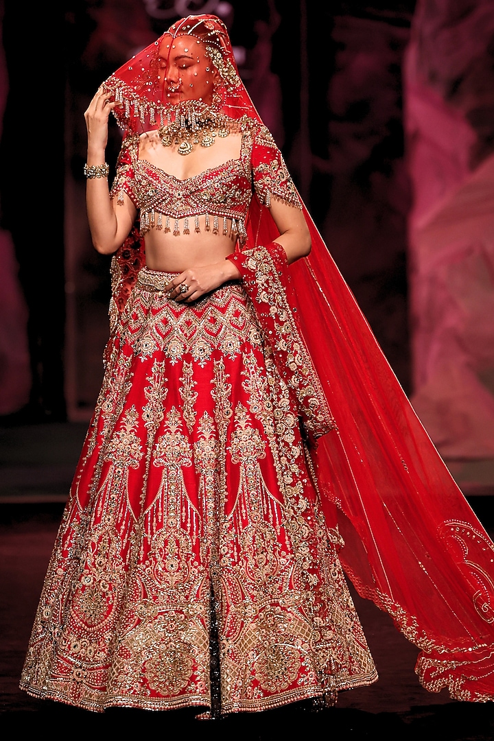 Crimson Red Handloom Raw Silk Mirror Hand Embroidered Bridal Bridal Lehenga Set by Dolly J at Pernia's Pop Up Shop