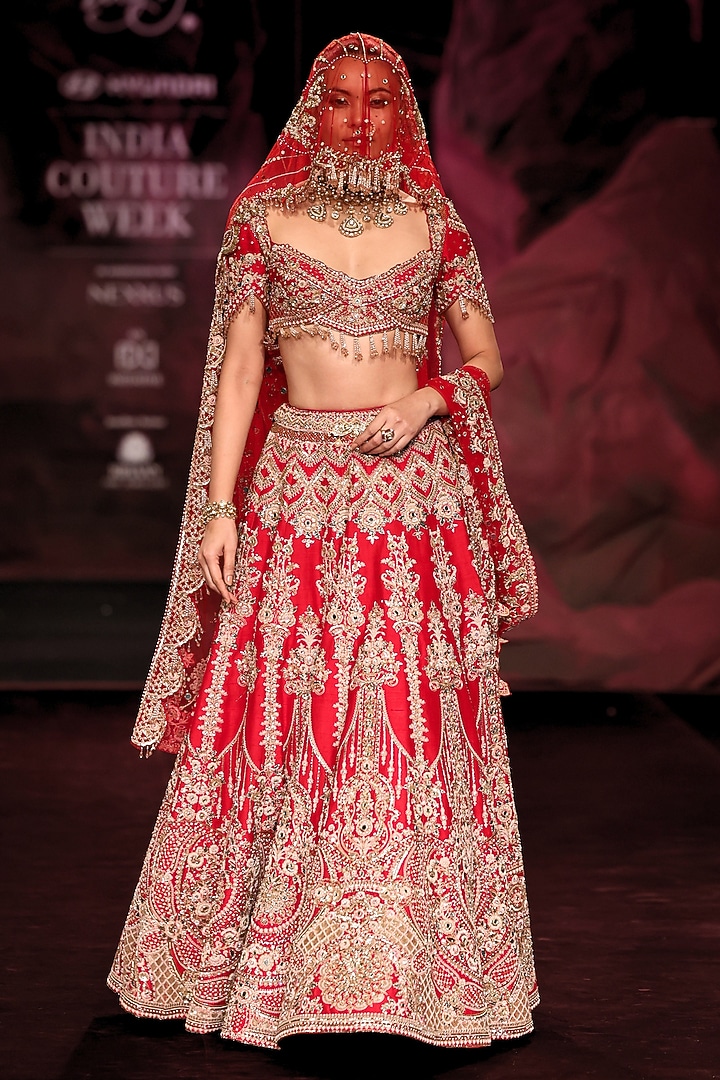 Crimson Red Handloom Raw Silk Mirror Hand Embroidered Bridal Bridal Lehenga Set by Dolly J at Pernia's Pop Up Shop