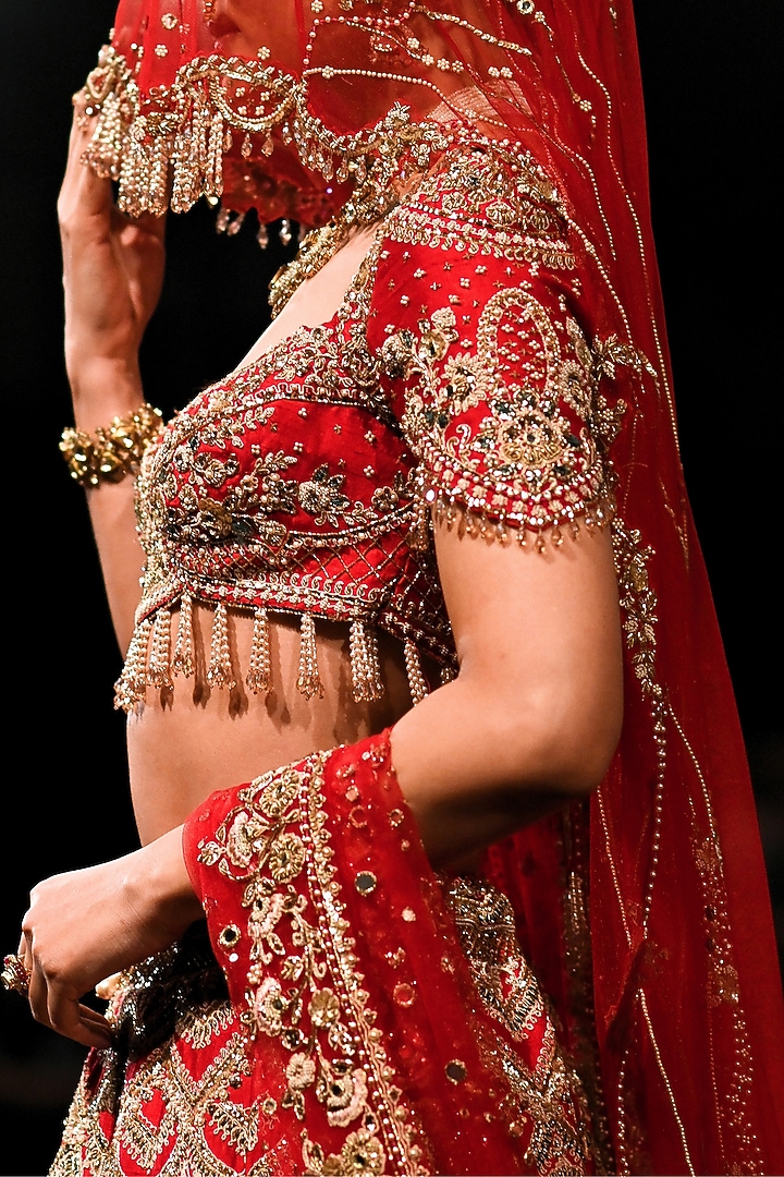 Crimson Red Handloom Raw Silk Mirror Hand Embroidered Bridal Bridal Lehenga Set by Dolly J at Pernia's Pop Up Shop