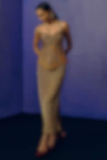 Champagne Gold Mesh Sculpted Skirt Set by Dolly J at Pernia's Pop Up Shop