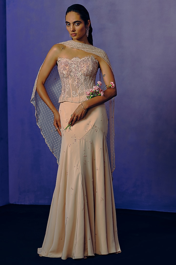 Blush Pink Fluid Crepe Skirt Set by Dolly J at Pernia's Pop Up Shop