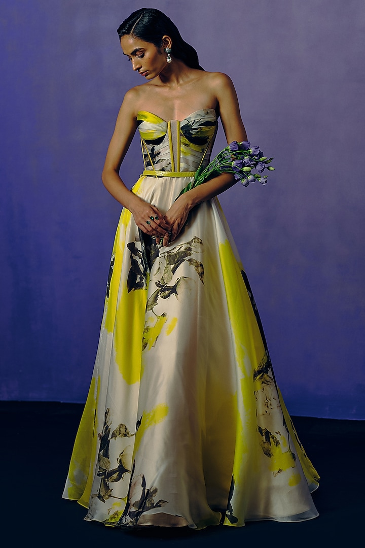 White & Yellow Organza Printed Voluminous Ball Engagement Gown by Dolly J at Pernia's Pop Up Shop
