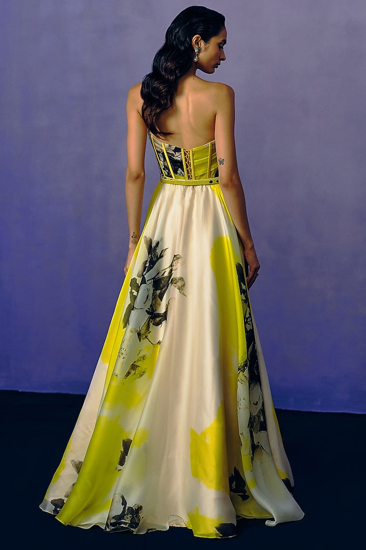 White & Yellow Organza Printed Voluminous Ball Engagement Gown by Dolly J at Pernia's Pop Up Shop