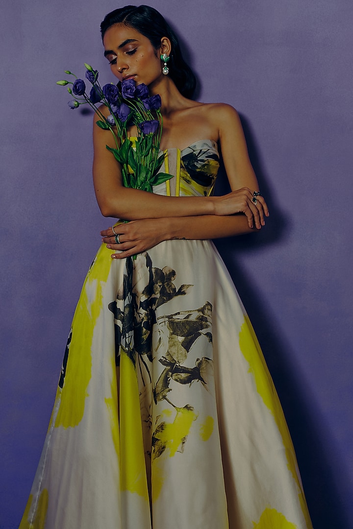 White & Yellow Organza Printed Voluminous Ball Engagement Gown by Dolly J at Pernia's Pop Up Shop