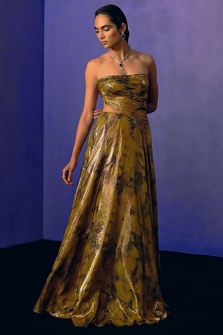 Metallic Gold Lurex Printed Wedding Gown by Dolly J at Pernia's Pop Up Shop