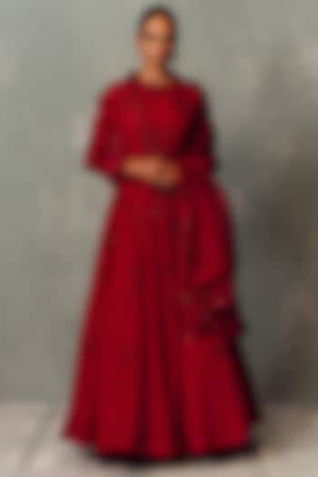 Ruby Red Crepe Hand Embroidered Bridal Anarkali Set by Dolly J at Pernia's Pop Up Shop