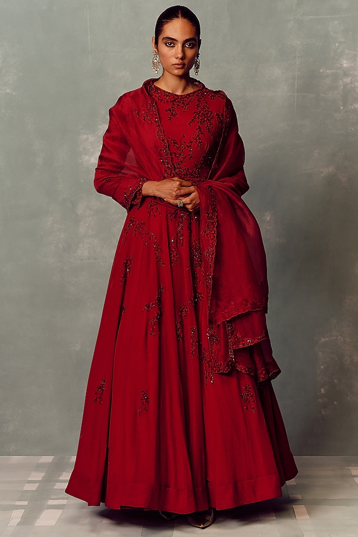 Ruby Red Crepe Hand Embroidered Bridal Anarkali Set by Dolly J at Pernia's Pop Up Shop