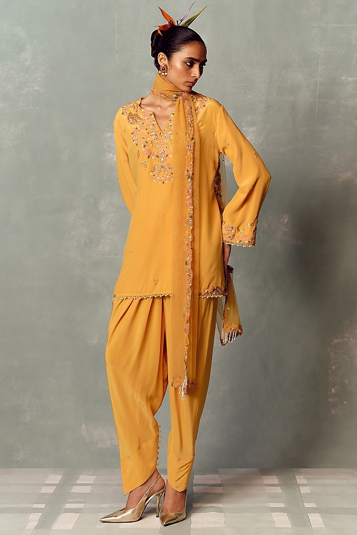 Mango Yellow Chiffon Thread Embroidered Kurta Set by Dolly J at Pernia's Pop Up Shop