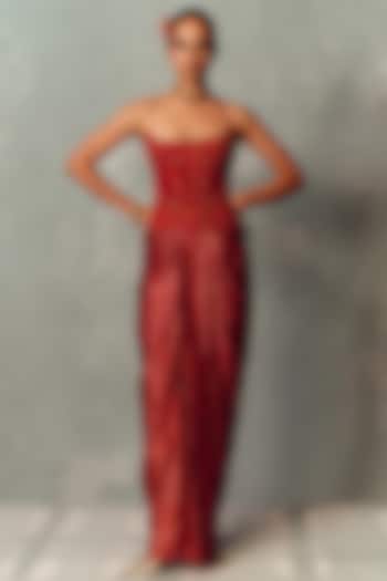 Crimson Red Fluid Banarasi Draped Skirt Set by Dolly J at Pernia's Pop Up Shop